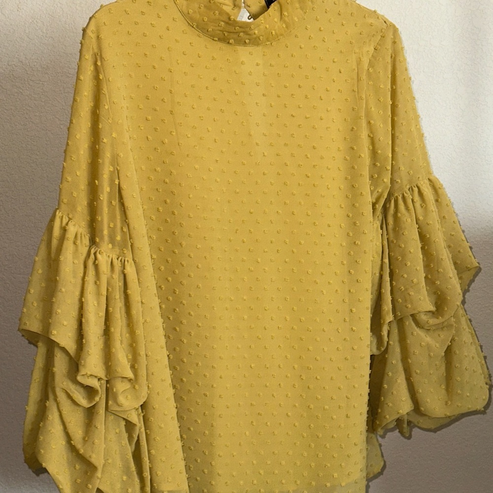 Textured Mustard Yellow Ruffled Sleeve Women's Top